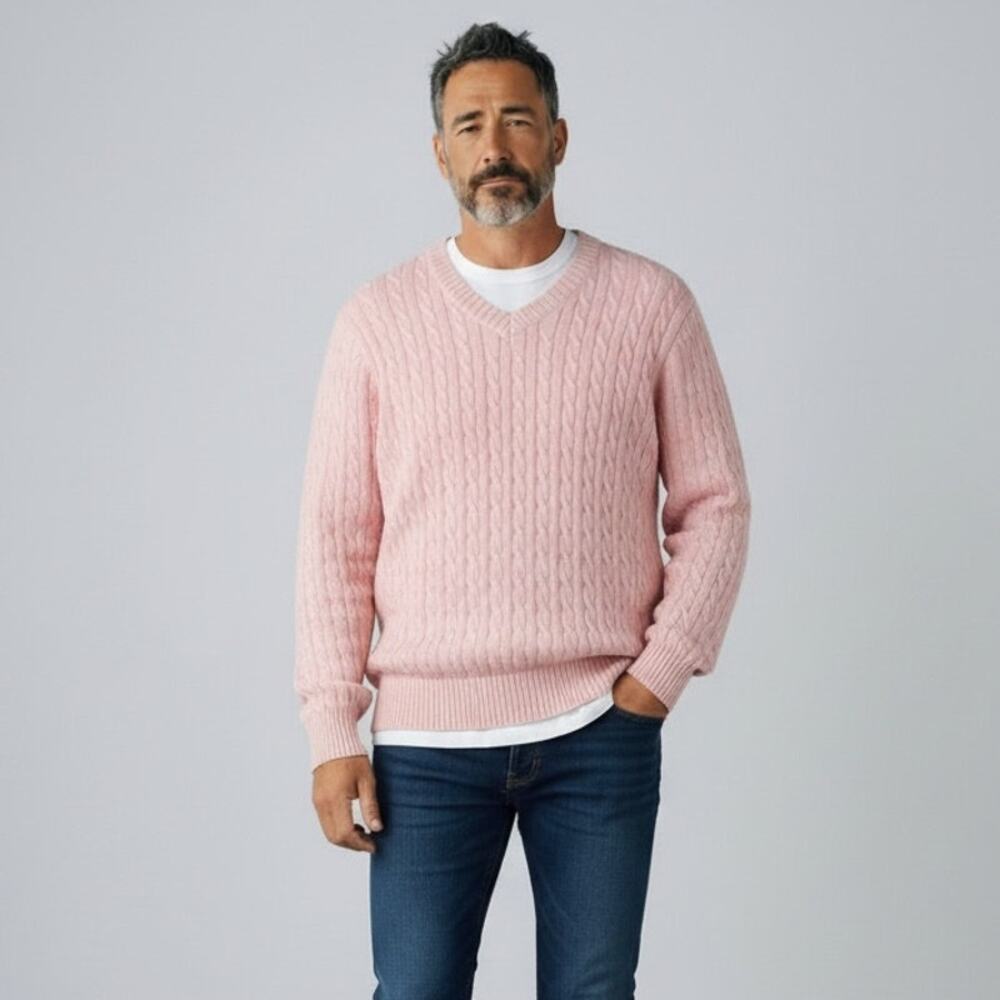 J. Crew Cotton Cable-Knit V-Neck Sweater NWT Men's Sz L Pink Long Sleeves Knit